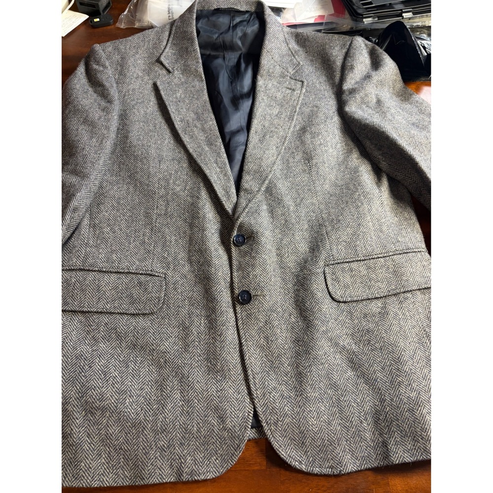 Lands End Mens Grey Herringbone Wool Lambswool Blazer Sport Coat Made in USA